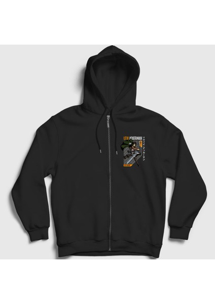Unisex Siyah Levi Fan Anime Attack On Titan Fermuarlı Kapüşonlu Sweatshirt