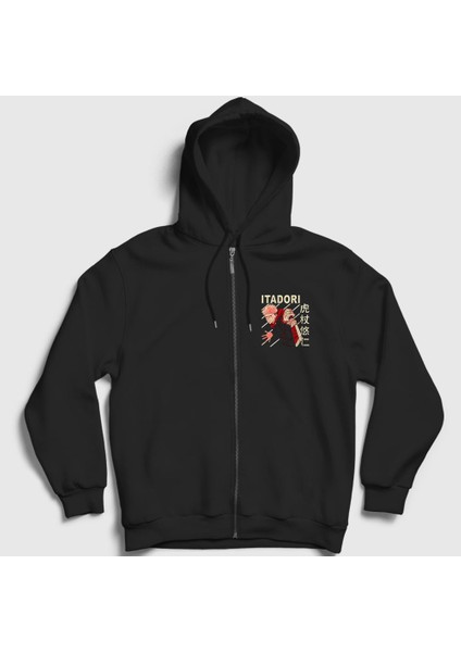Unisex Siyah Yuji Anime Jujutsu Kaisen Fermuarlı Kapüşonlu Sweatshirt