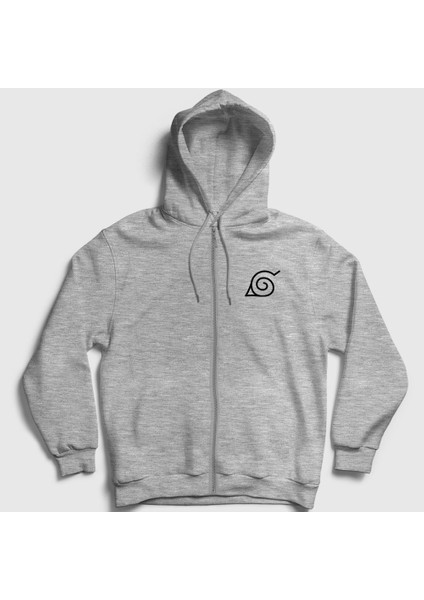 Unisex Gri Konoha Anime Naruto Fermuarlı Kapüşonlu Sweatshirt