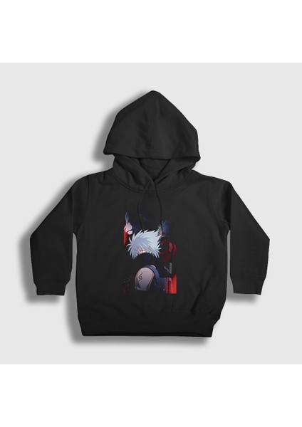 Unisex Çocuk Siyah Kakashi V2 Anime Naruto Kapüşonlu Sweatshirt