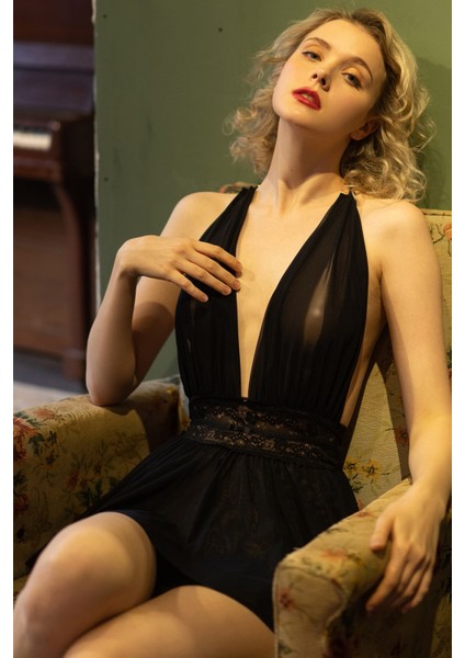 Kadın Siyah Sırtı Açık Beli Dantelli Gecelik Takım modelleri