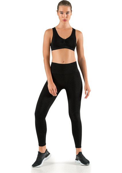 Kadın Siyah Dikişsiz Örme Korsajlı Uzun Sporcu Tayt XL - XXL