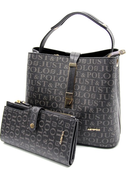 Kadın Siyah Baskı Desenli El ve Omuz Çanta ve Cüzdan Seti JPT2055-09