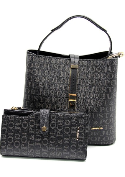 Kadın Siyah Baskı Desenli El ve Omuz Çanta ve Cüzdan Seti JPT2055-09 fiyatları