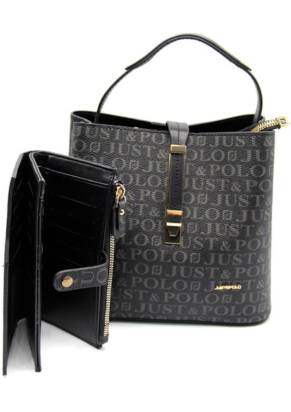 Kadın Siyah Baskı Desenli El ve Omuz Çanta ve Cüzdan Seti JPT2055-09 modelleri