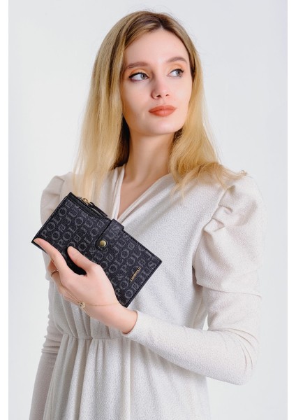 Kadın Siyah Baskı Desenli El ve Omuz Çanta ve Cüzdan Seti JPT2055-09 fırsatları