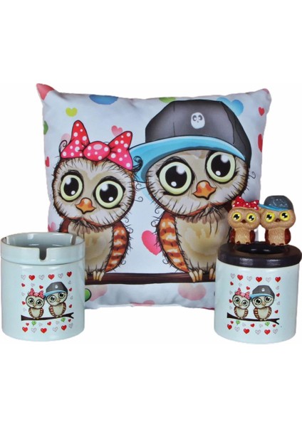 Best Friends Baykuş Puf Yastık Baykuş Seramik Küllük Baykuş Biblolu Kalemlik Set