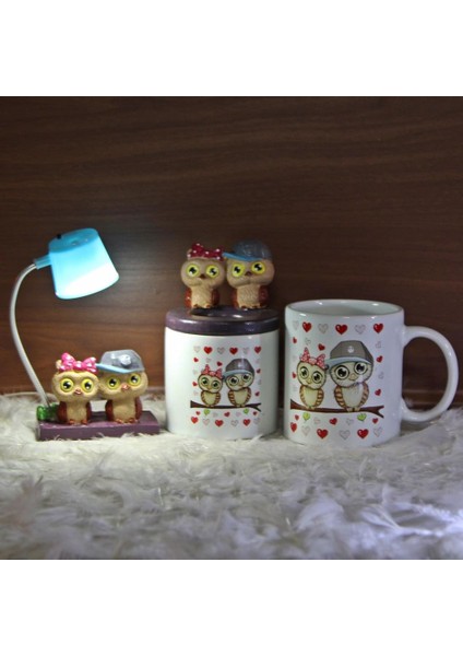 Best Friends Baykuş Biblolu Kalemlik Baykuş Seramik Kupa Işıklı Biblo Set