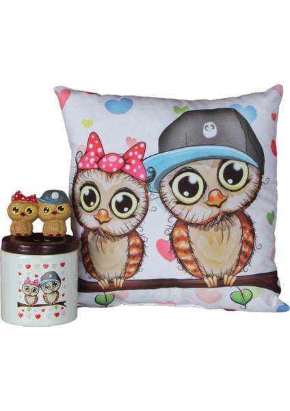Best Friends Baykuş Tasarımlı Puf Yastık Best Friends Baykuş Kalemlik Set