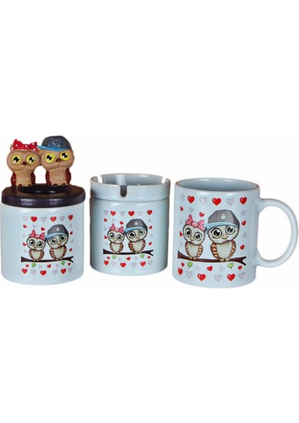 Best Friends Baykuş Biblolu Seramik Kalemlik Baykuş Kupa Seramik Baykuş Küllük Set