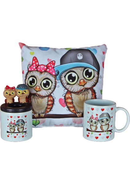 Best Friends Baykuş Puf Yastık Baykuş Biblolu Kalemlik Baykuş Seramik Kupa Set