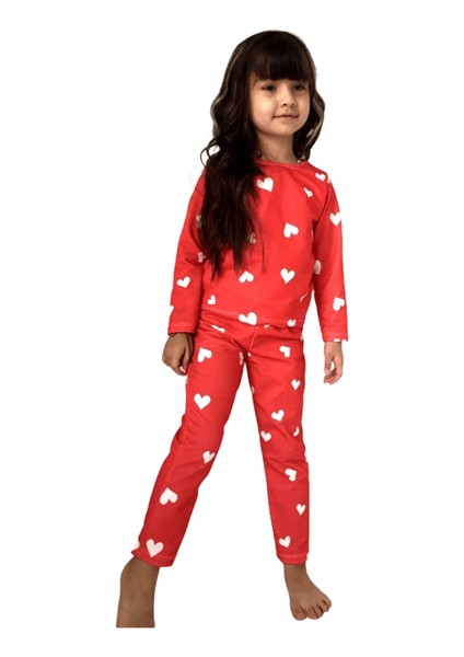 Kız Çocuk Kalp Figürlü Kırmızı Pijama Takımı