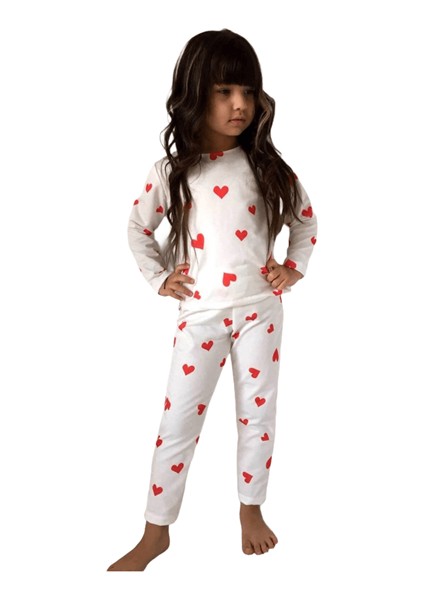 Kız Çocuk Kalp Figürlü Beyaz Pijama Takımı