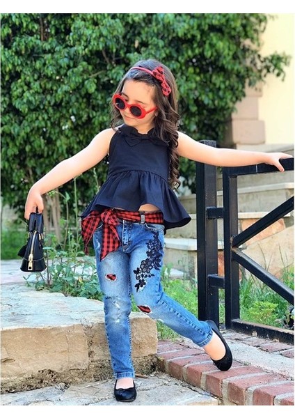 Kız Çocuk Ekose Detaylı Pantolonlu Takım modelleri