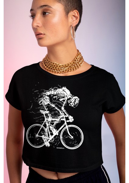 Daha Hızlı Siyah Kısa, Kesik Crop Top Kadın Tişört