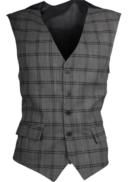 Koyu Gri Ekose Model Slim Fit Yelek