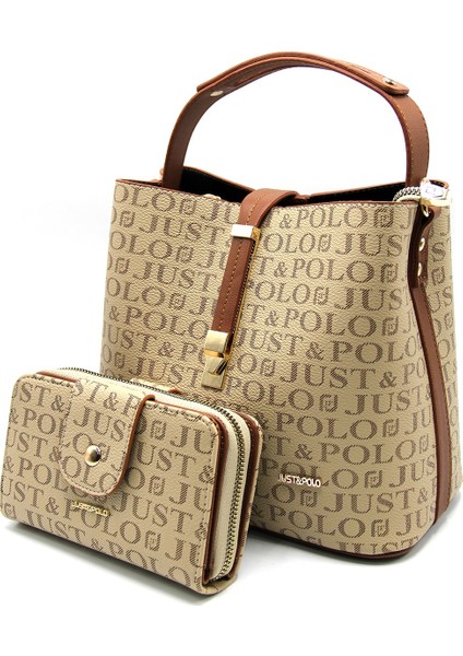 Kadın Vizon-Taba Baskı Desenli El ve Omuz Çanta ve Cüzdan Seti JPT2055-13