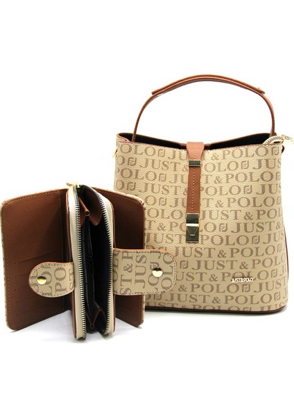 Kadın Vizon-Taba Baskı Desenli El ve Omuz Çanta ve Cüzdan Seti JPT2055-13 modelleri