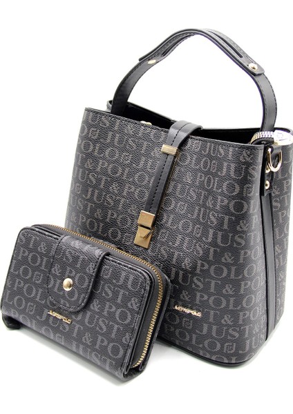 Kadın Siyah Baskı Desenli El ve Omuz Çanta ve Cüzdan Seti JPT2055-13