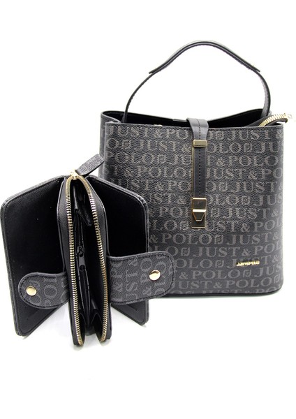 Kadın Siyah Baskı Desenli El ve Omuz Çanta ve Cüzdan Seti JPT2055-13 modelleri