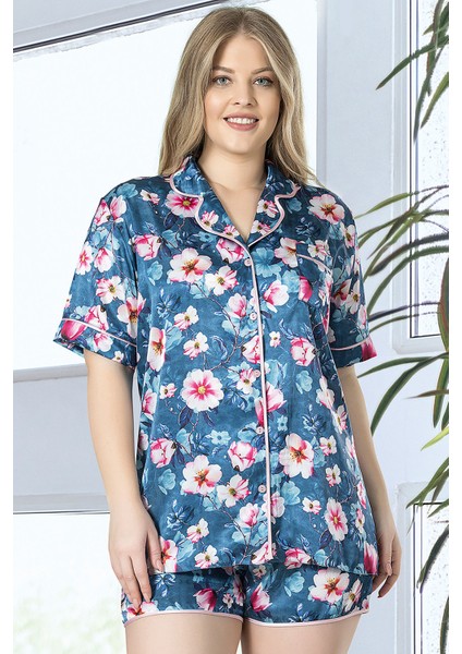 Saten Büyük Beden Kısa Kol Komple Duğmelı Şortlu Pijama Takım