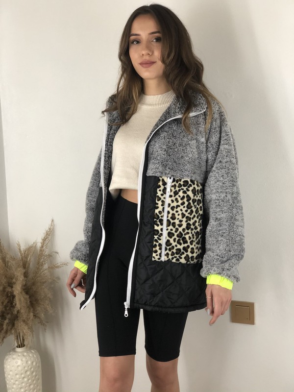 Enzo Leopar Detayli Gri Siyah Oversize Ceket Fiyati