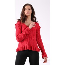 Ferraro Red V Yaka Kolu Fırfırlı Pamuklu Kadın Triko Kazak