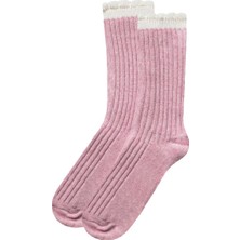 Unlimited Legwear Kalın Kışlık Yün ve Kaşmir Karışımlı Krem/pembe Bileği Dilimli Kadın Çorabı