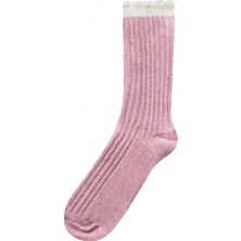 Unlimited Legwear Kalın Kışlık Yün ve Kaşmir Karışımlı Krem/pembe Bileği Dilimli Kadın Çorabı