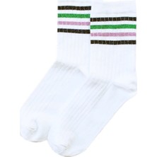Unlimited Legwear Yeşil/pembe Simli Çizgili Beyaz Tenis Çorabı