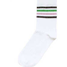 Unlimited Legwear Yeşil/pembe Simli Çizgili Beyaz Tenis Çorabı