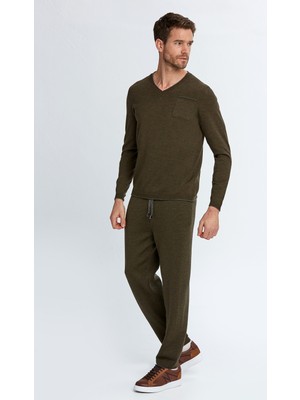 Hemington Extrafine Merino V Yaka Koyu Yeşil Loungewear Triko