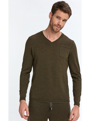 Hemington Extrafine Merino V Yaka Koyu Yeşil Loungewear Triko