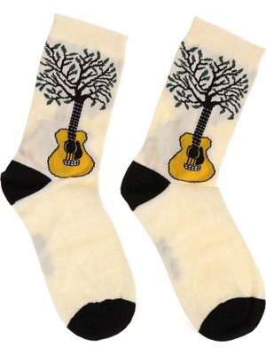 Cetinaccessories Sarı Gitar ve Agaç Motifli Soket Çorap