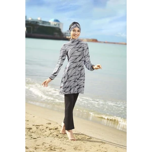 Kadın Çizgi Desenli Esnek Tam Kapalı Büyük Beden Tesettür Mayo - Siyah