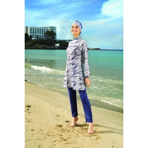 Kadın Çizgi Desenli Esnek Tam Kapalı Tesettür Mayo - Lacivert