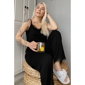 Pijama Evi Siyah Dantelli Ip Askılı Örme Kadın Pijama Takımı