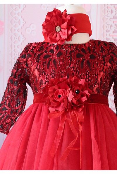 Lilipoupee Kırmızı Siyah Renk Dantelli Kadife Detaylı Zarif Elbise Seti