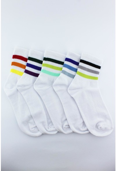 Trick Or Treat 5'li Paket Farklı Renklerde 3 Çizgili Yarım Konç Erkek Beyaz Çorap