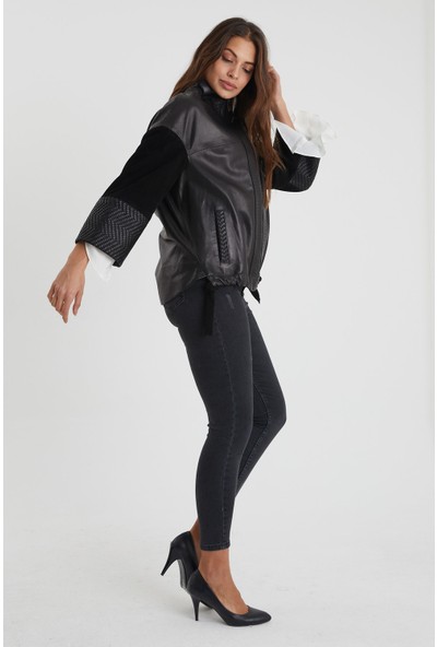 Nero Leather - Deri Biye Örgü Detaylı Deri Ceket (Relaxed Fit)
