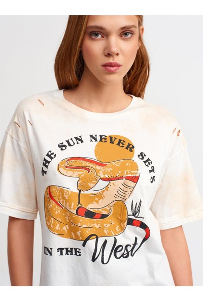 Dilvin Kadın Ekru Baskılı T-Shirt