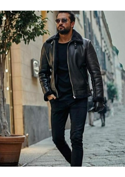 Deri Messi Siyah Kürklü Erkek Ceket