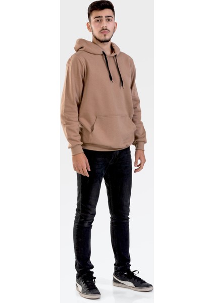Unisex Camel Kapüşonlu Cepli Sweatshirt