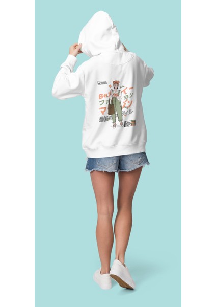Kadın Beyaz Kapüşonlu Sweatshirt Sırt Dijital Baskılı