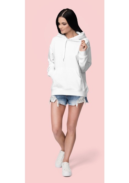 Kadın Beyaz Kapüşonlu Sweatshirt Sırt Dijital Baskılı