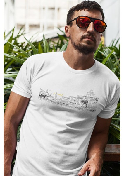 İstanbul Galata Illüstrasyon Baskılı Pamuklu Bisiklet Yaka Erkek T-Shirt