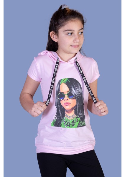 Kız Çocuk Billie Eilish Baskılı Kapüşonlu Tişört