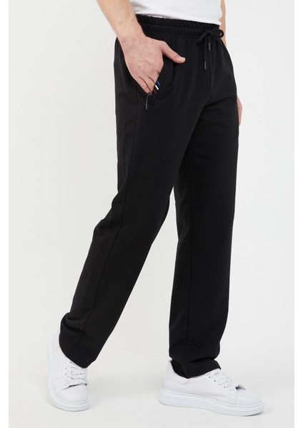 Siyah Erkek Fermuar Cep Nakış Detaylı Düz Paça Rahat Kesim Eşofman Altı Cmreo5