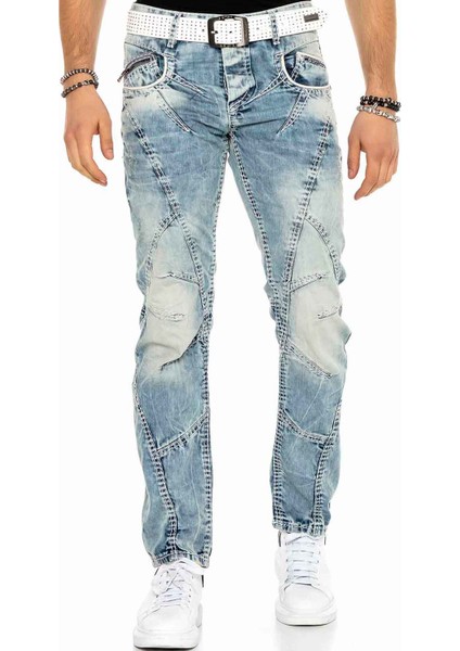 C-0894A Dikişli Eskitilmiş Mavi Erkek Kot Pantolon
