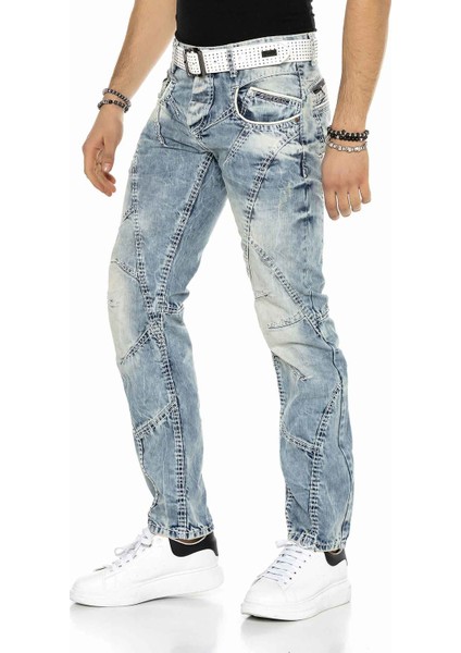 C-0894A Dikişli Eskitilmiş Mavi Erkek Kot Pantolon